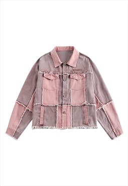 Reworked denim jacket vintage patchwork jean bomber in pink