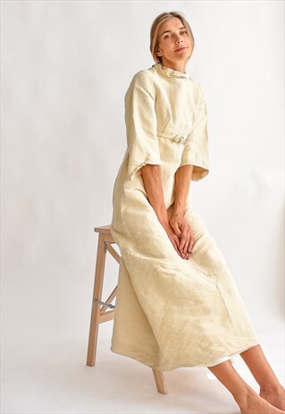 VINTAGE 70S BOHO MAXI DRESS IN CREAM LINEN