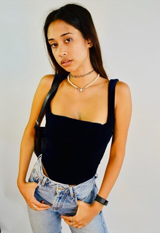 VINTAGE 90'S Y2K NAVY VELVET CORSET STYLE CROP TOP