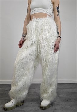 White festival joggers faux fur shaggy pants shaggy trousers