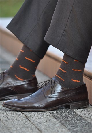 MEN FUNNY DRESS SOCKS COLORFUL - ORANGE MUSTACHE, MOUSTACHE