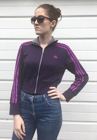 WOMENS ADIDAS SPORTS PURPLE CROP ZIP UP ZIPPER JACKET TOP