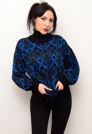 VINTAGE 90'S GRUNGE RETRO NEON BLUE PATTERNED JUMPER