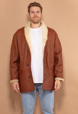 Vintage 80's Men Shearling Leather Coat in Brown