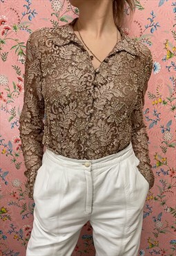 Vintage 90s Blouse Lace Shiny Women Elegant Shirt
