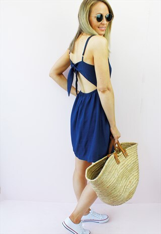 NAVY BLUE CUT OUT BACKLESS TIE BUTTON UP MINI DRESS