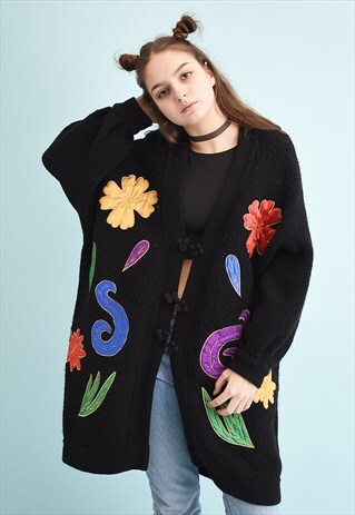80'S RETRO EMBROIDERED OVERSIZED MOMS KNIT CARDI