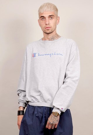 80'S VINTAGE CHAMPION GREY MULTICOLOUR LOGO SWEATER