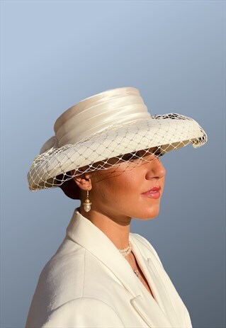 Vintage White Satin Occasion Ascot Hat