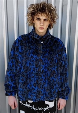 Reversible leopard fleece jacket blue handmade animal coat