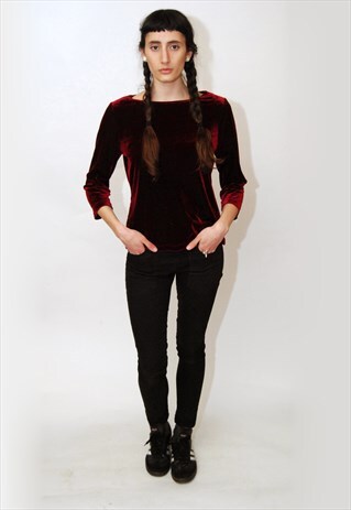 VINTAGE VELVET T-SHIRT (M) BURGUNDY 80S TOP CRIMSON 90S GOTH