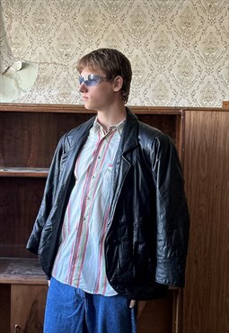 Vintage y2k cool baggy short real leather jacket in black