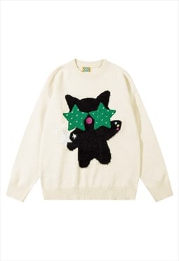 Cat patch sweater party jumper knitwear rave top in cream