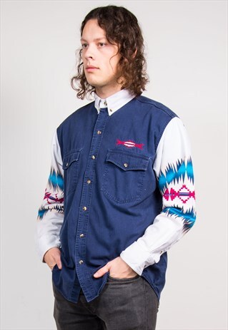 VINTAGE 90'S NAVY WESTERN AZTEC PATTERN SHIRT