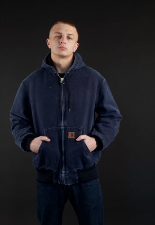 90S CARHARTT WORKWEAR NAVY BLUE HOODED BOMBER JACKET