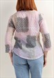 VINTAGE Y2K SQUARE PATTERN PINK CRINKLE 3/4 SLEEVE BLOUSE M