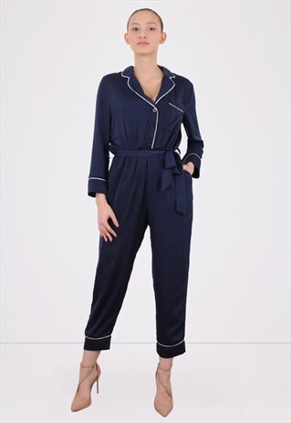 NAVY SATIN TIE BELT COLLARED JUMPSUIT