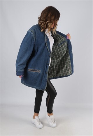 DENIM JACKET LINED LONG OVERSIZED LONGLINE UK 18 20 (LK7B)
