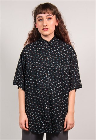 VINTAGE 90'S BLACK FLORAL PATTERN SHIRT BLOUSE