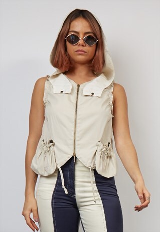 VINTAGE 90'S ARMANI BEIGE UTILITY HOODED VEST