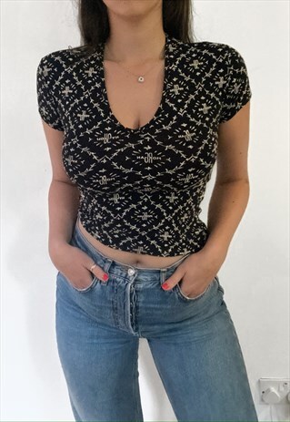 Y2K VINTAGE MORGAN DE TOI MONOGRAM PRINT V-NECK FITTED TEE