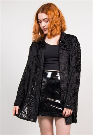 VINTAGE 90'S BLACK VELVET PATTERNED LONG SHIRT