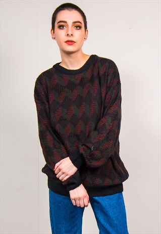 VINTAGE 90'S RED & GREEN KNIT PATTERN OVERSIZED JUMPER