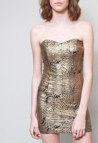 VINTAGE 1990'S GOLD SNAKE PRINT BODY CON FESTIVAL MINI DRESS