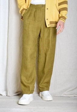 90s Unisex Khaki Check Linen High Waisted Pleated Pants