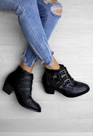 AIMEE BLACK STUDDED ANKLE BOOTS WITH BUCKLES