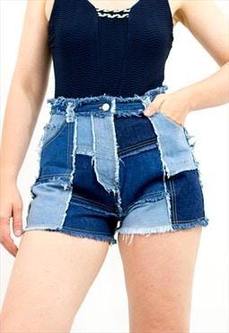 Vintage patchwork denim shorts in blue