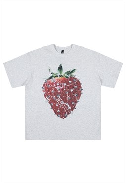 Spike t-shirt strawberry print tee grunge raver top in grey