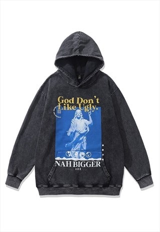 GOD PRINT HOODIE UGLY SLOGAN PULLOVER GRUNGE TOP ACID GREY