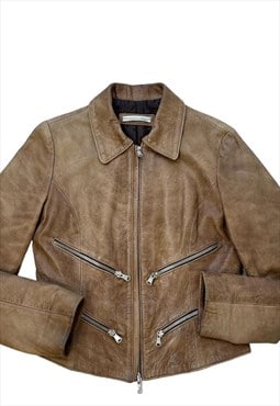Vintage Y2k Distressed Leather Jacket Dual Zip Brown