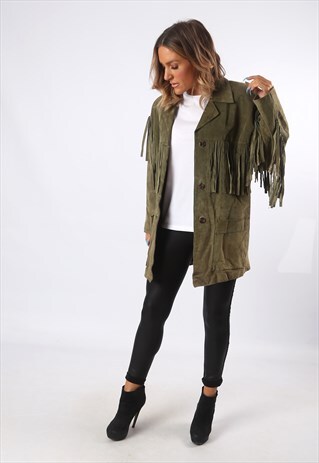 TASSEL FRINGE JACKET SUEDE LEATHER BOHEMIAN UK 12 (GEDU)