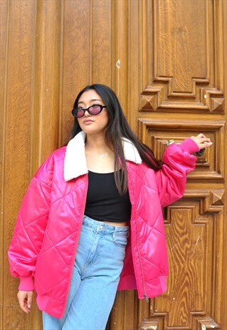 QUILTED SATIN BOMBERS IN FUSHIA 