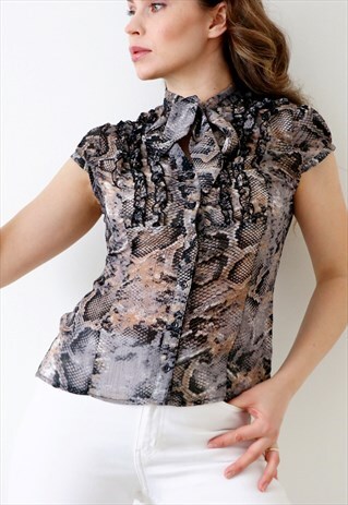 Y2K RUFFLED TOP PUSSY TIE UP BOW BLOUSE PYTHON SNAKE PRINT