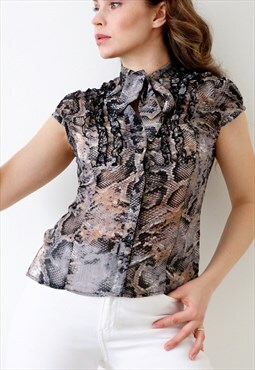 Y2k Ruffled Top Pussy Tie Up Bow Blouse Python Snake Print 