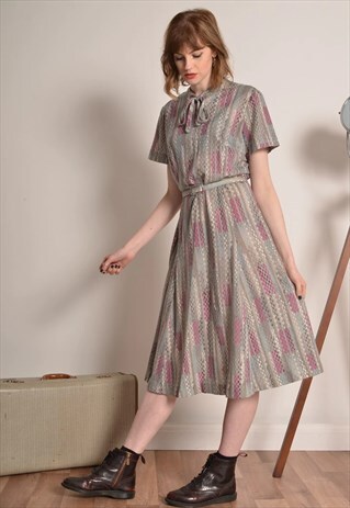 VINTAGE 80S BELTED FIT AND FLARE MIDI DRESS