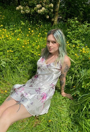 VINTAGE 90S SATIN LACE FLORAL SUMMER SLIP DRESS