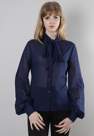 VINTAGE 60S SHEER BLUE PUFF SLEEVE TIE NECK BLOUSE TOP