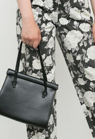 VINTAGE HANDBAG BLACK CLASSIC ELEGANT RETRO FAUX VEGAN PURSE