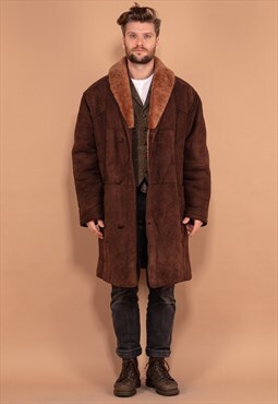 Vintage 80's Men Oversized Sheepskin Coat in Brown