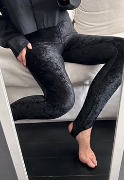 Black Velvet Stirrup Leggings - XS