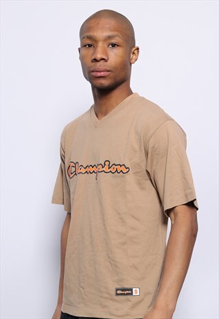VINTAGE CHAMPION BIG SPELL OUT LOGO T-SHIRT BLUE BROWN