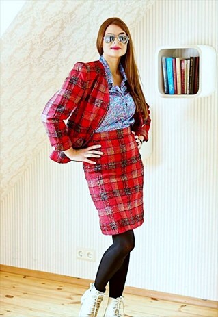 RED CHECKED VINTAGE WOOL SKIRT AND JACKET SUIT