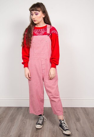 VINTAGE 90'S DENIM DUNGAREES RED GINGHAM PATTERN