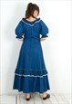 VINTAGE WOMEN'S S M SPANISH TYPE BLUE RUFFLE DRESS LONG 