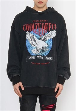 Black Washed Eagle graphic Cotton oversized Hoodies Y2k