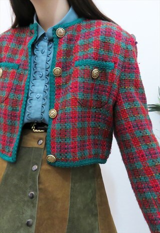 VINTAGE 80S RED & BLUE CROPPED TWEED JACKET / BLAZER